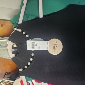 Camila Coelho Black Midi Dress with Pearl Accents